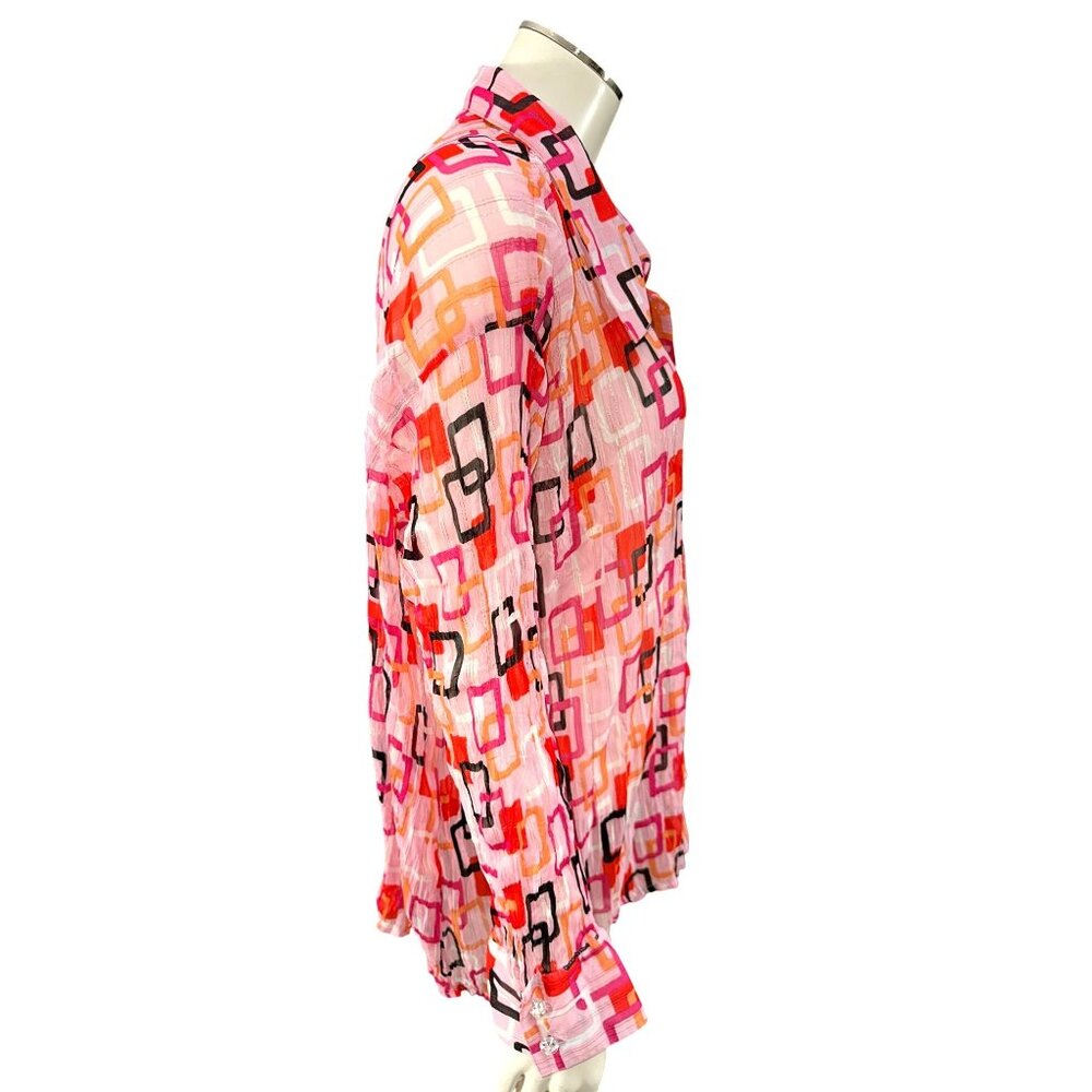 Essentials By Milano XL Pink Geometric Button Up Blouse Retro Cityworkcore - Picture 5 of 11